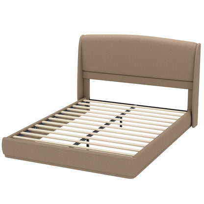 Upholstered Queen Bed Frame with Wingback Headboard, Low Profile Platform Bed with Padded Headboard, No Box Spring Needed, Easy Assembly, Elegant Linen Fabric, Brown image 10