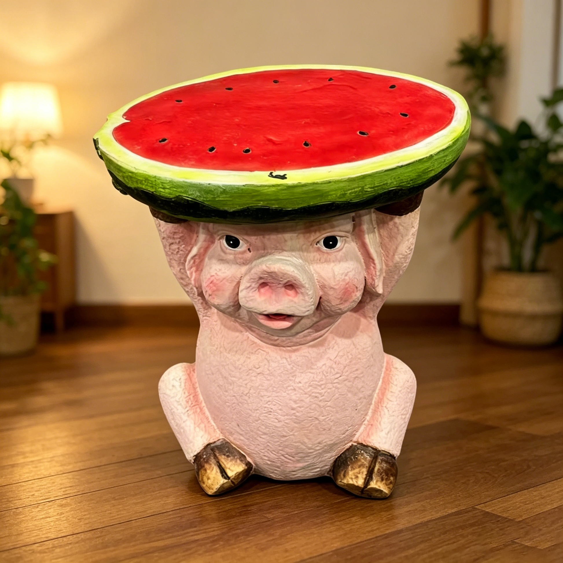 13.39" High Cute Pig Side Table, 11.34" Wide Resin Pig with Watermelon Top, Multi-Functional Plant Stand & End Table for Home & Garden Decoration image 5