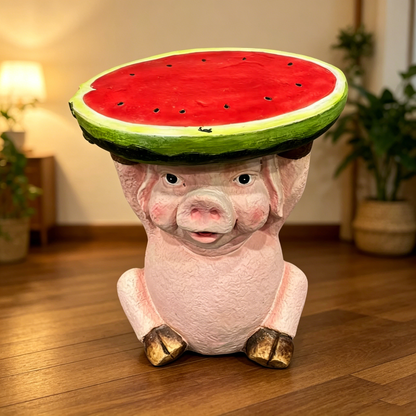13.39" High Cute Pig Side Table, 11.34" Wide Resin Pig with Watermelon Top, Multi-Functional Plant Stand & End Table for Home & Garden Decoration image 5