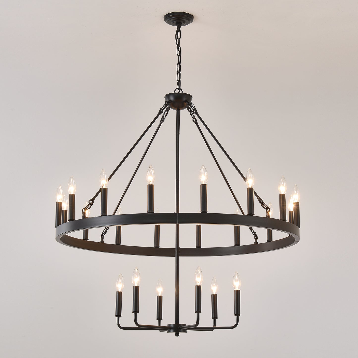 40'' 2 Tier Wagon Wheel Chandelier 16+6)22-Lights Farmhouse Industrial Country Style Round Pendant Light Fixture for Outdoor Porch high Ceilings Living Dining Room Foyer Entryway-BLACK image 10
