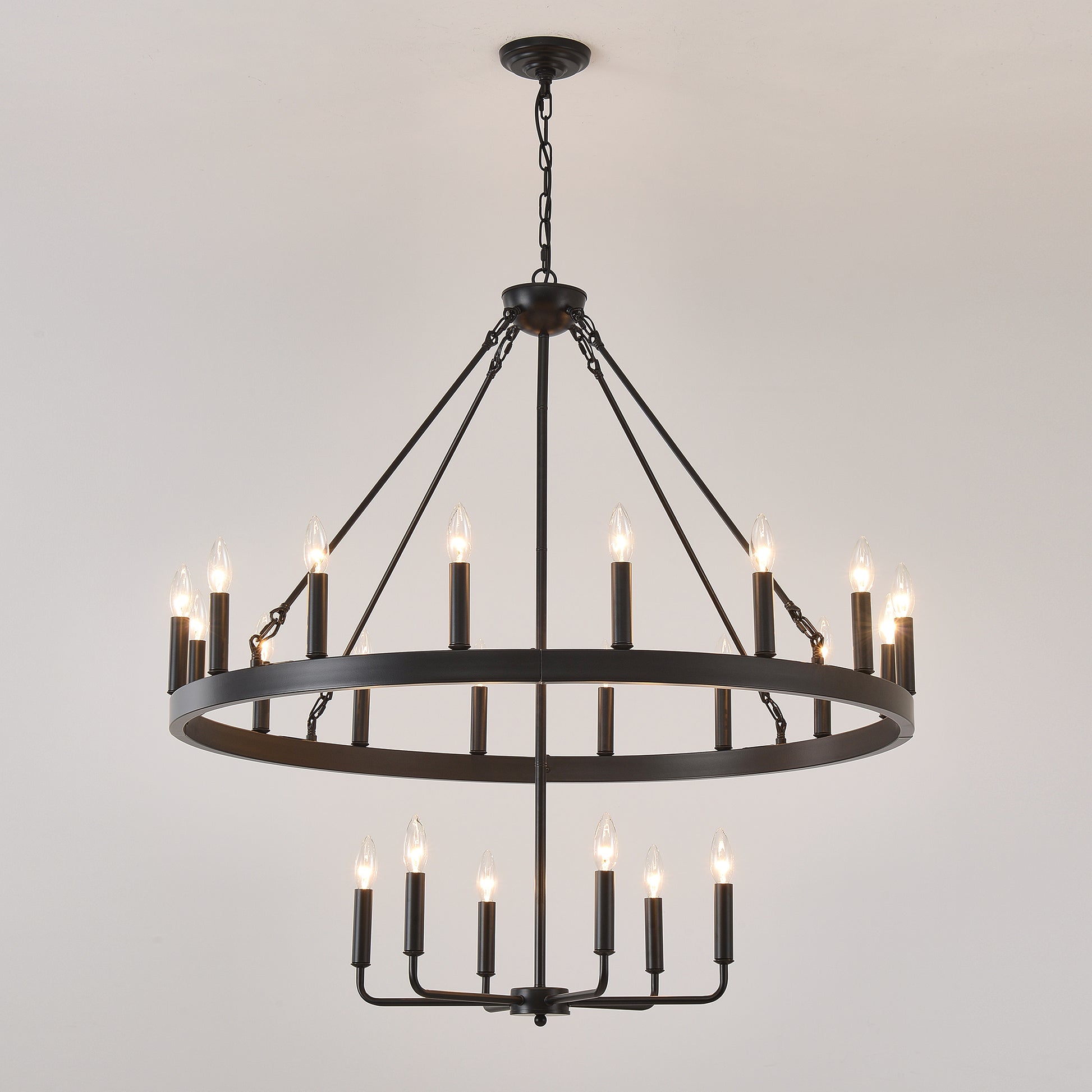 40'' 2 Tier Wagon Wheel Chandelier 16+6)22-Lights Farmhouse Industrial Country Style Round Pendant Light Fixture for Outdoor Porch high Ceilings Living Dining Room Foyer Entryway-BLACK image 10