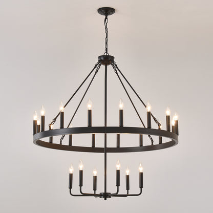 40'' 2 Tier Wagon Wheel Chandelier 16+6)22-Lights Farmhouse Industrial Country Style Round Pendant Light Fixture for Outdoor Porch high Ceilings Living Dining Room Foyer Entryway-BLACK image 10