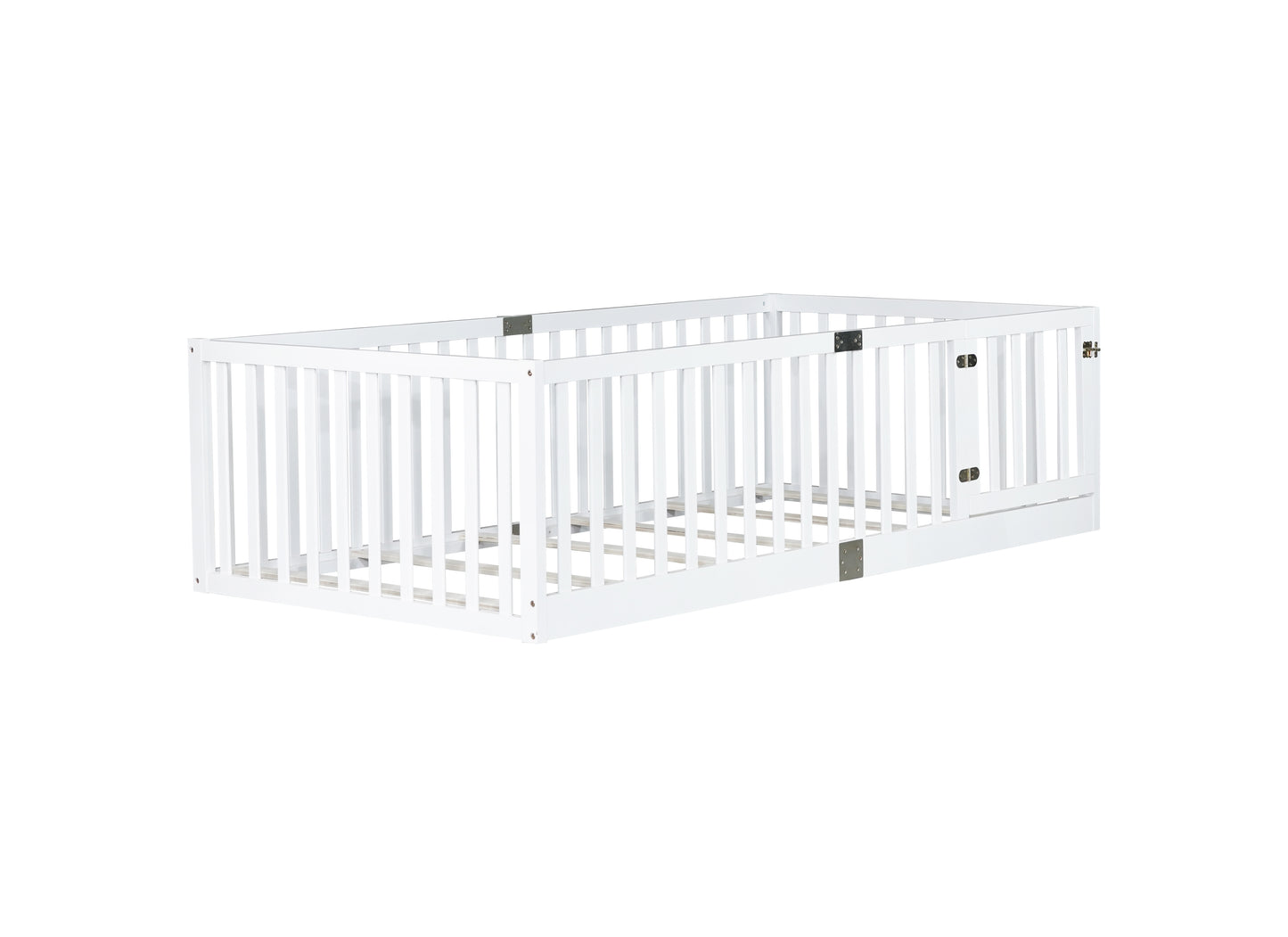 Twin Size Floor Bed with High Fence Railings, with Door, Rubber Wood Floor Bed with Safety Guardrails,White (Old Sku W504P287652) image 9
