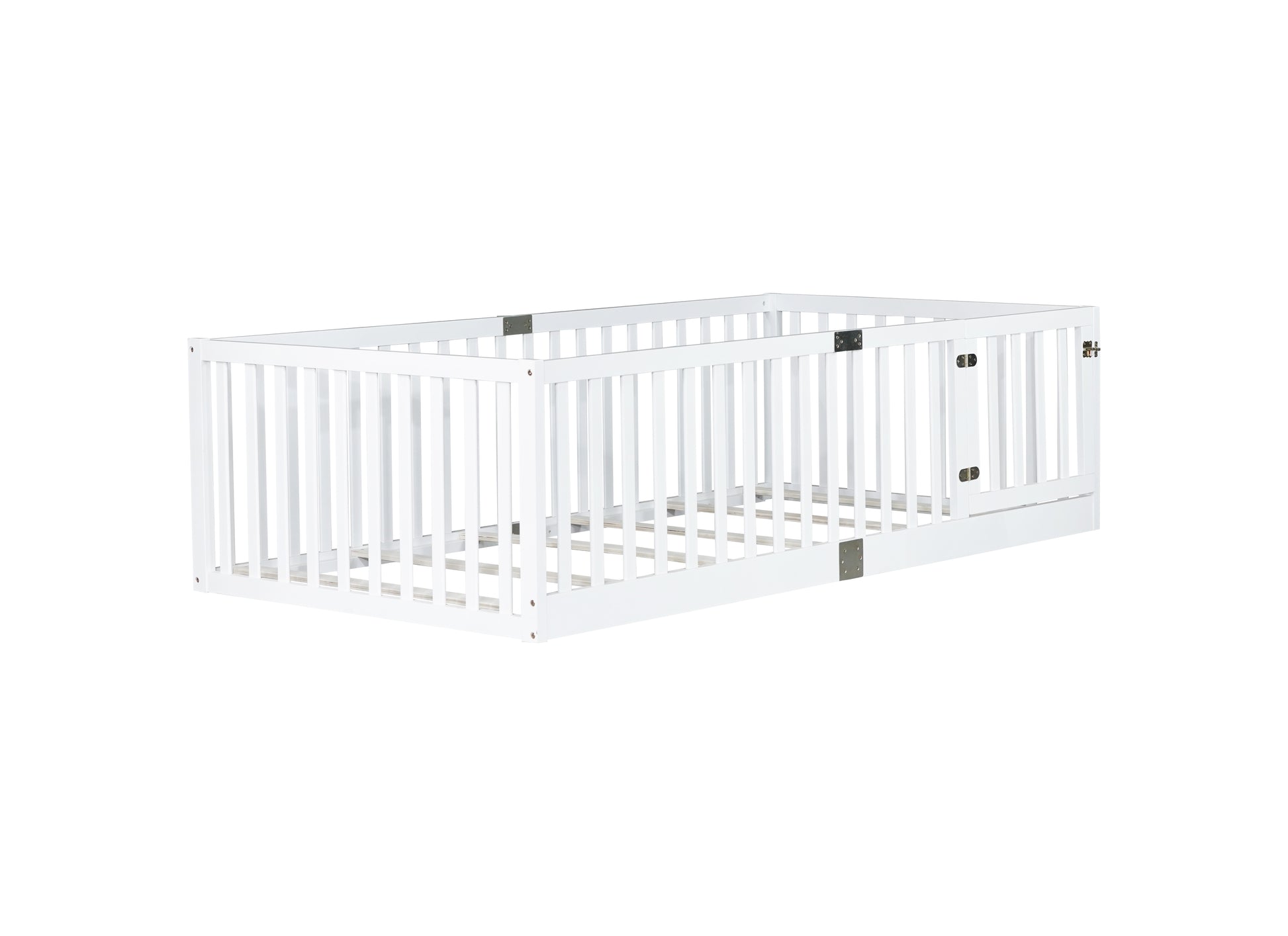 Twin Size Floor Bed with High Fence Railings, with Door, Rubber Wood Floor Bed with Safety Guardrails,White (Old Sku W504P287652) image 9