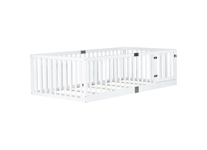Twin Size Floor Bed with High Fence Railings, with Door, Rubber Wood Floor Bed with Safety Guardrails,White (Old Sku W504P287652) image 9