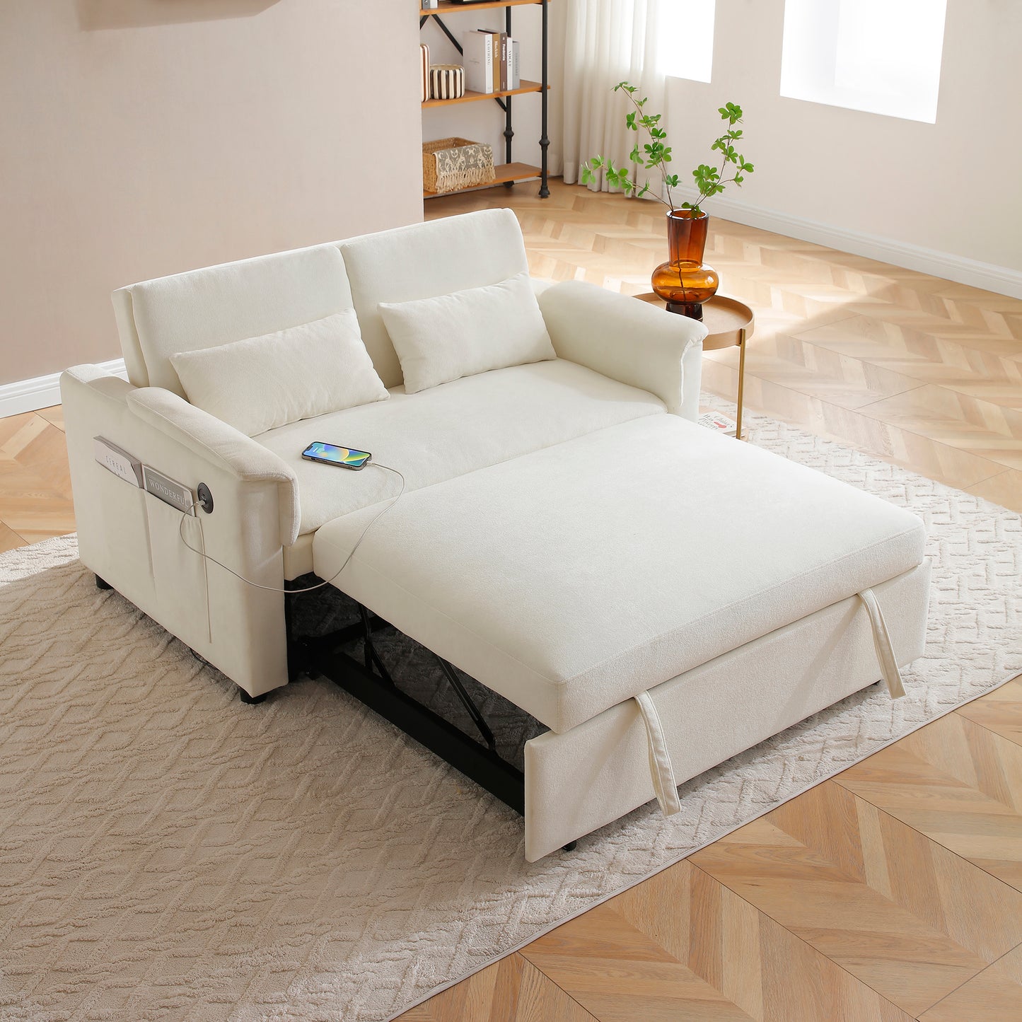 55" Velvet Two Seater Pull Out Sofa Bed, Adjustable Backrest With USB Ports, Two Side Pockets, 3 in 1 Convertible Sleeper Sofa Bed, Modern Love Seat Lounge,2 waist pillows for living rooms,BEIGE image 2