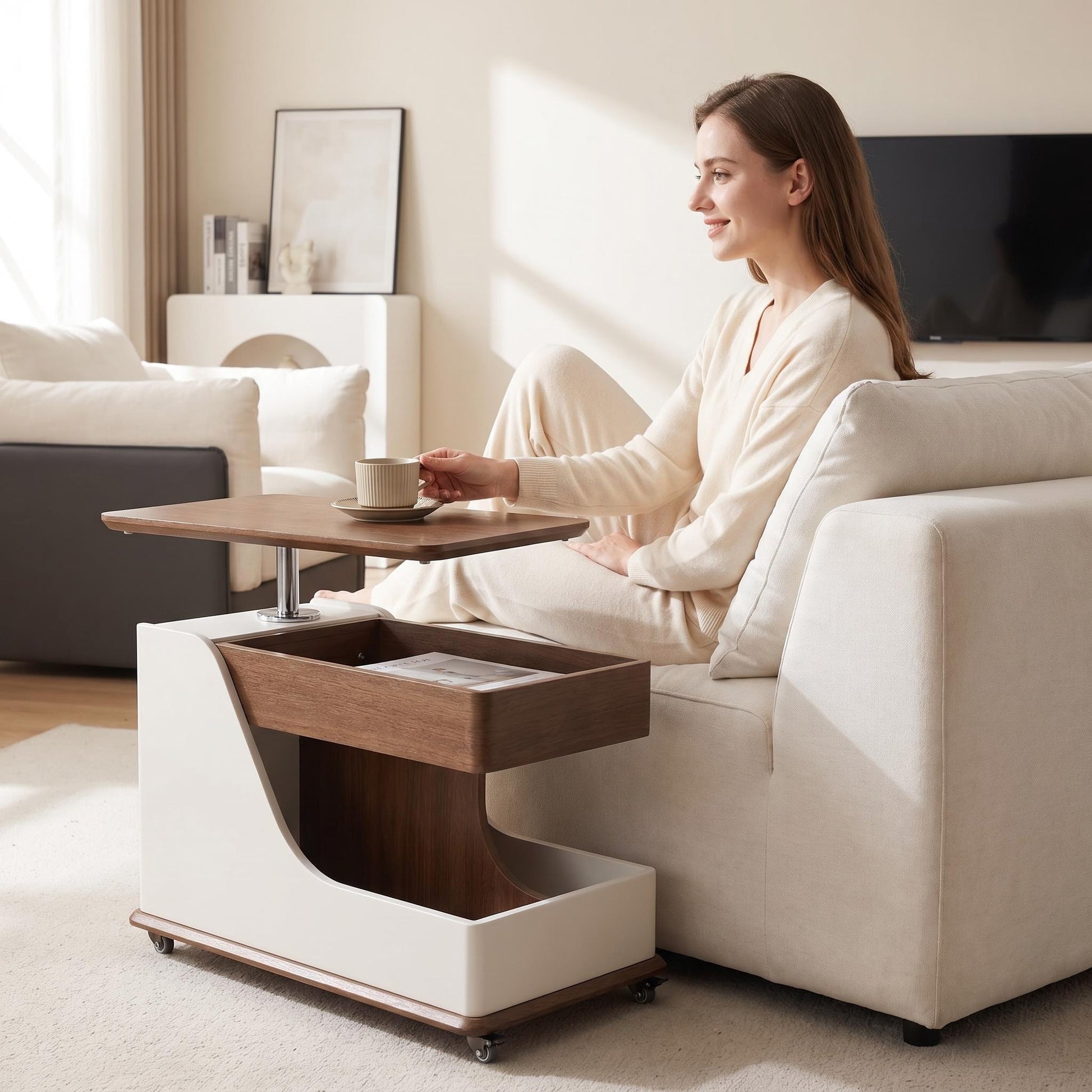 A small side table or coffee table with an adjustable height, suitable for the living room, balcony or bedroom. It is portable and features storage compartments, available in off-white and walnut. image 1