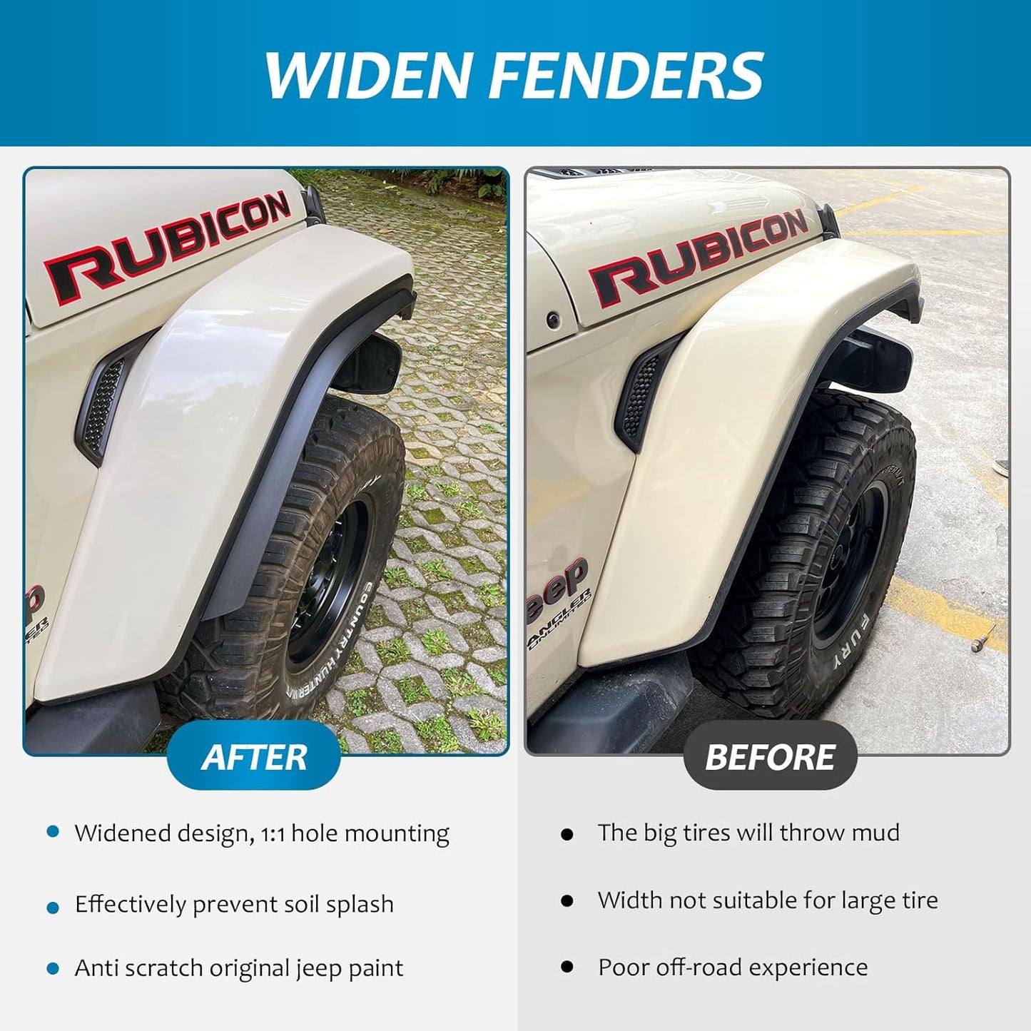 Fenders Front & Rear Fenders Compatible with 2018-2026 Jeep Wrangler JL and JLU Unlimited Rubicon, Off-Road Wheel Fender Liner Set 4 Pcs(Only Fit High Clearance Fender Flares,Not for 4XE) image 3