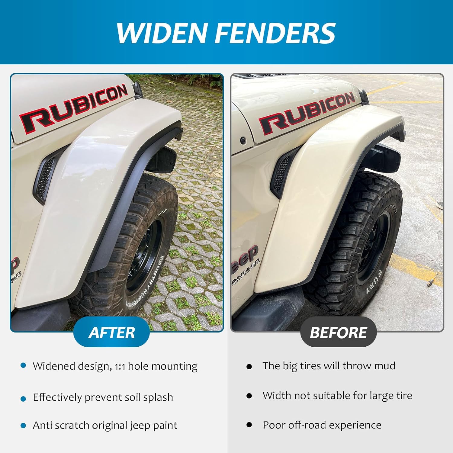 Fenders Front & Rear Fenders Compatible with 2018-2026 Jeep Wrangler JL and JLU Unlimited Rubicon, Off-Road Wheel Fender Liner Set 4 Pcs(Only Fit High Clearance Fender Flares,Not for 4XE) image 3