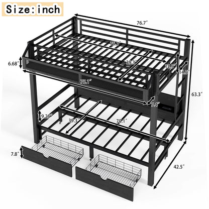 Twin over Twin Bunk Bed with Storage Shelves and Drawers,Multifunctional Metal Bunk Beds with USB Ports and LED Lights, Lower Bed that can be converted into a sofa, Black image 8