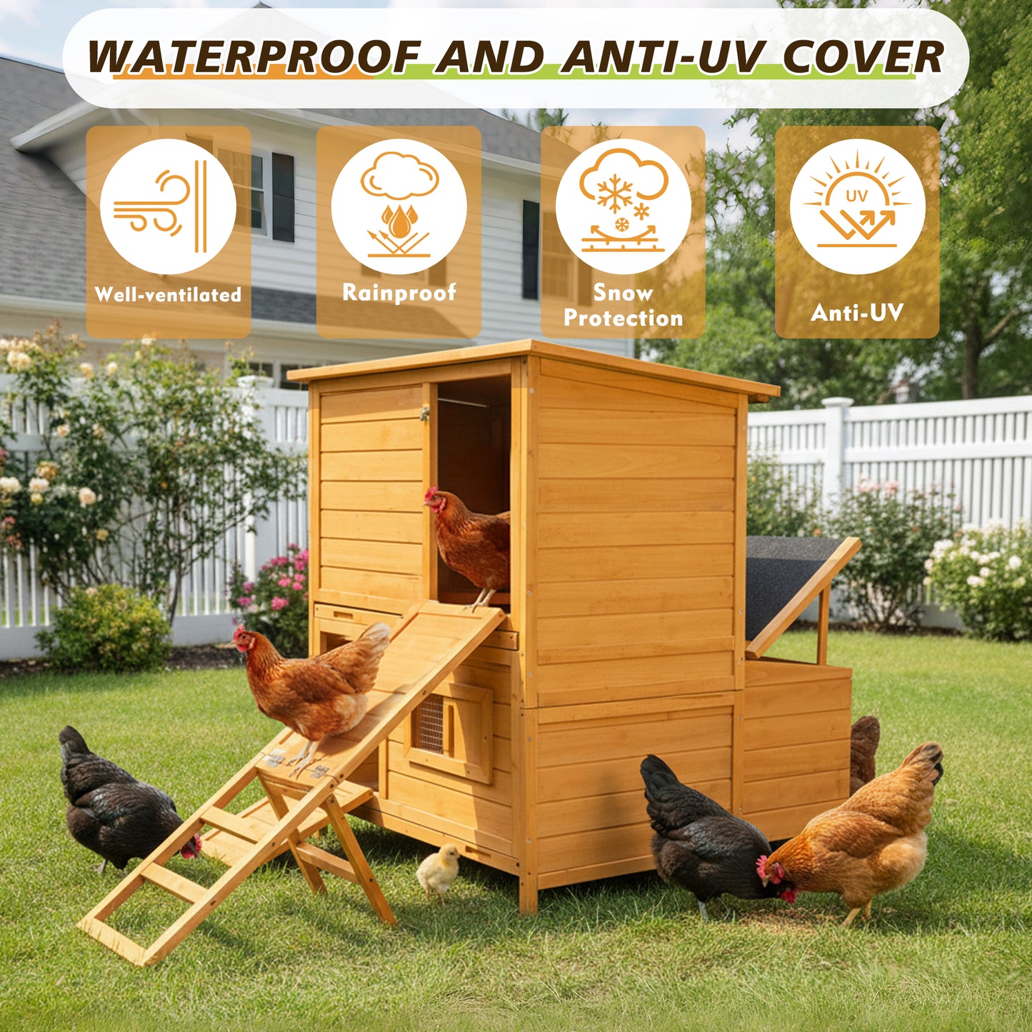 Chicken Coop, Double-House Wooden Chicken Coop For 6-8 Chickens With 3 Nesting Boxes And 2 Pull-Out Trays, Featuring A Foldable Ramp And Asphalt Roof image 9