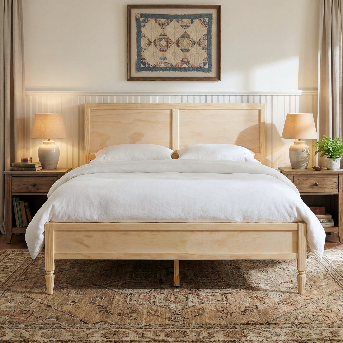 Queen Size Wood Platform Bed Frame with Classic Panel Headboard, Wooden Slats Support, No Box Spring Needed, Easy Assembly, Natural image 2