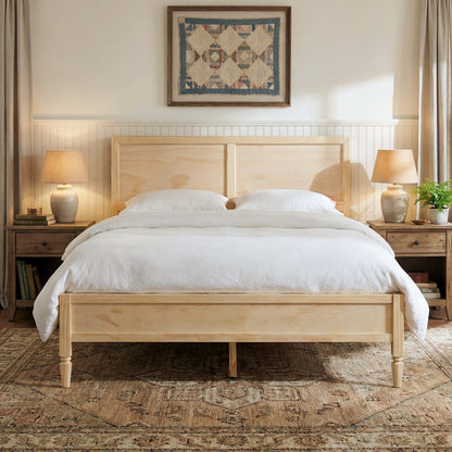 Queen Size Wood Platform Bed Frame with Classic Panel Headboard, Wooden Slats Support, No Box Spring Needed, Easy Assembly, Natural image 2