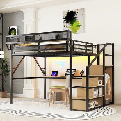 Queen Loft Bed with Desk and Charging Station, Queen Size Metal Loft Bed with Stairs and Light for Kids Teens, Black, Patent Products(OldSKU W2580S00044) image 2