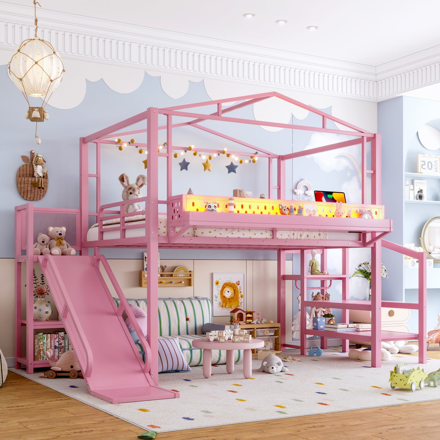 Full Size Loft Bed with Storage Stairs, Shelves and Built-in Wardrobe, Metal Loft Bed Frame with USB Ports and LED Lights, Noise-reduced Design, Pink image 2