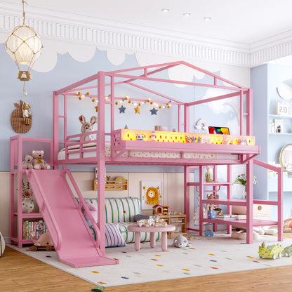 Full Size Loft Bed with Storage Stairs, Shelves and Built-in Wardrobe, Metal Loft Bed Frame with USB Ports and LED Lights, Noise-reduced Design, Pink image 2