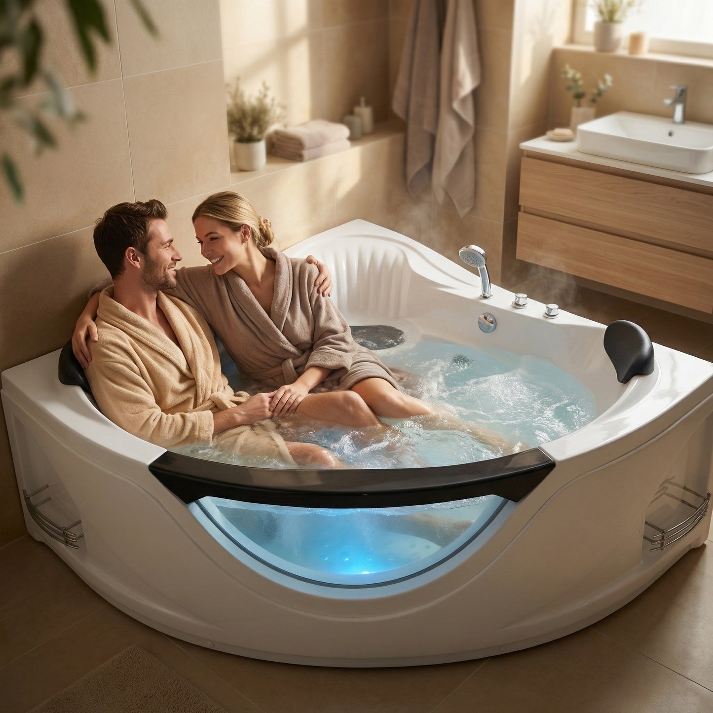 59" Corner Whirlpool Bathtub for 2-Person, Luxury Jetted Spa Tub with 6 Hydro Massage Jets, Chromatherapy LED Lights &Pneumatic adjust system, UL Certified water pump,UPC Certified drainer image 1