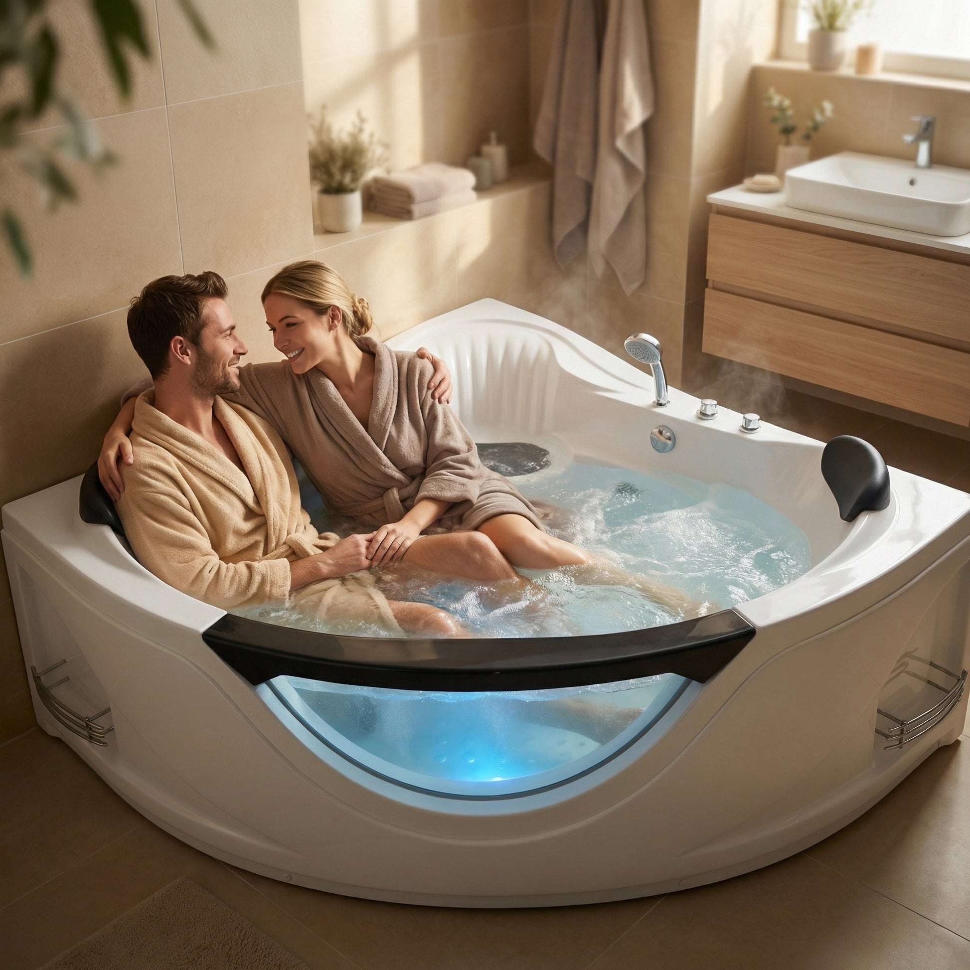 59" Corner Whirlpool Bathtub for 2-Person, Luxury Jetted Spa Tub with 6 Hydro Massage Jets, Chromatherapy LED Lights &Pneumatic adjust system, UL Certified water pump,UPC Certified drainer image 1