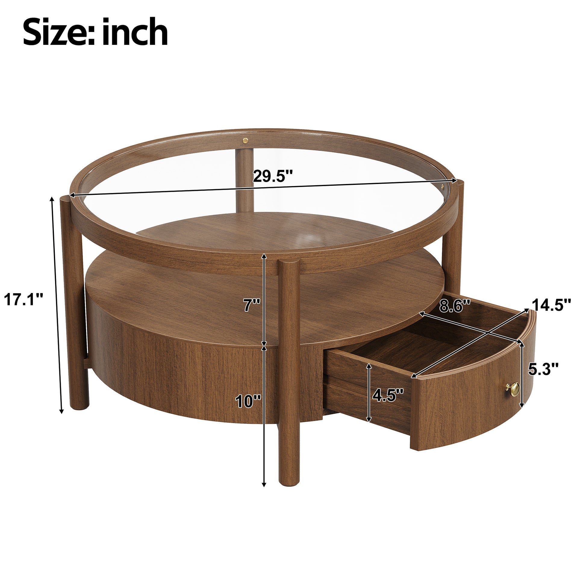 Solid Wood Round Glass Top Coffee Table with Storage Drawer, 2-Tier Mid Century Modern Circular Center Table, Walnut Wooden Cocktail Table for Living Room image 5