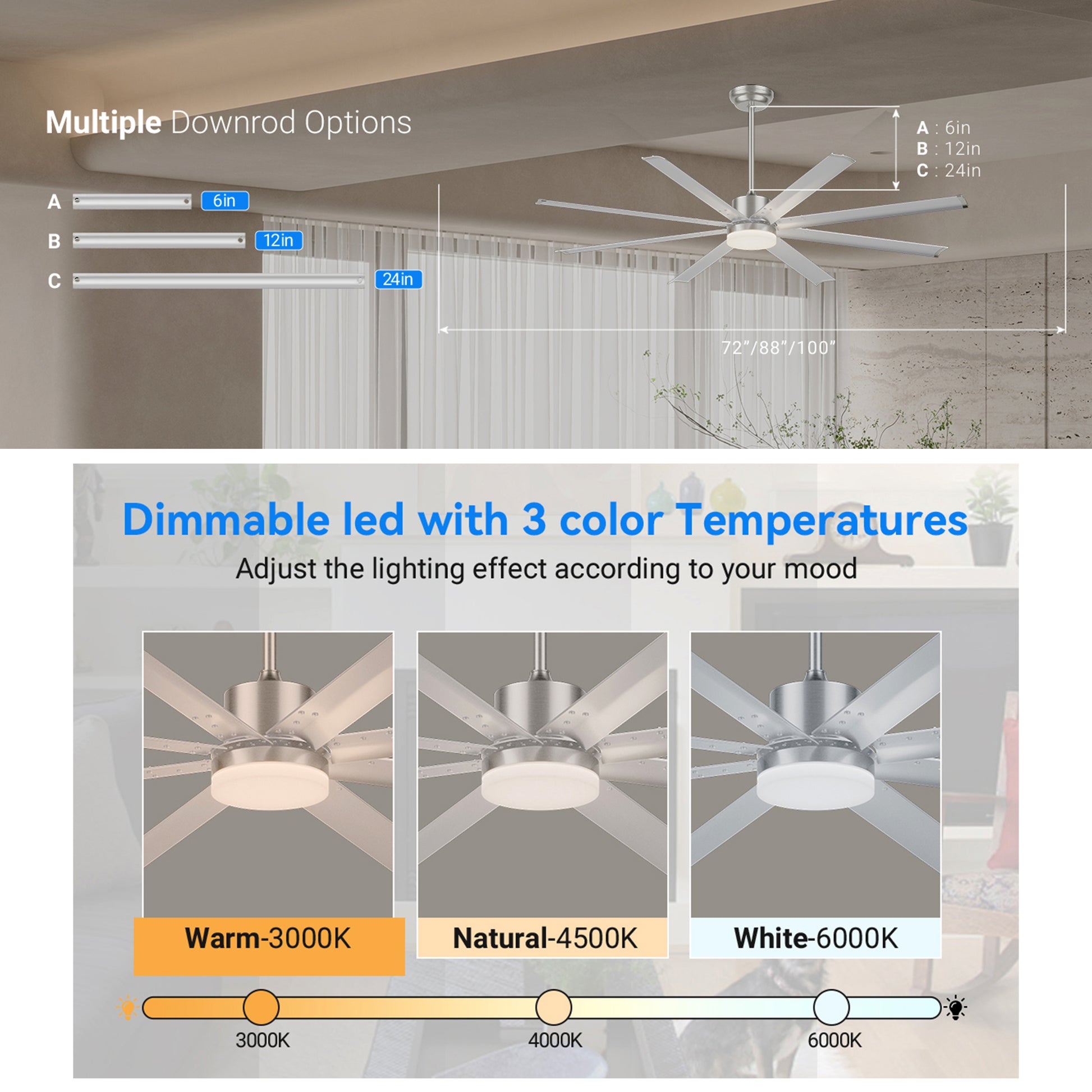 72 INCH Industrial PM DC Motor Ceiling Fan with Light, 8 PCS Aluminum Blades,6-Speed Remote Control, Adjust Height (3 Down rods) Commercial Ceiling Fan For Porch/Garage/Shop-Sliver image 5