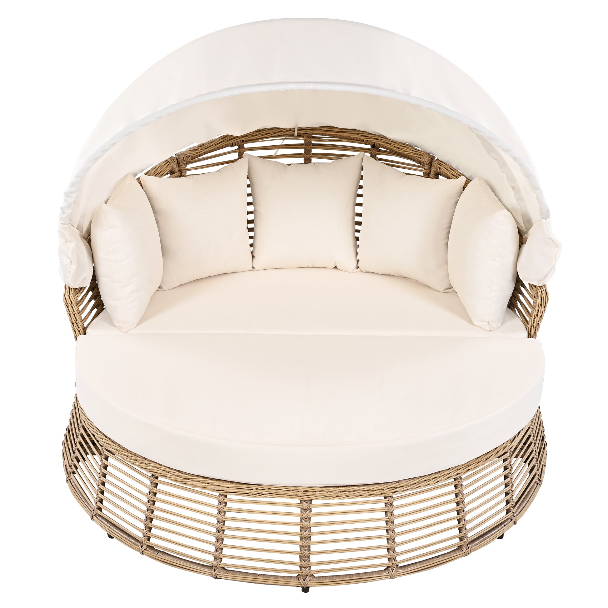 <Old SKU: N704G201243A> Outdoor Patio Rattan Round Daybed with Retractable Canopy, Wicker Furniture Round Poolside Sofa Sunbed with Removable Cushions, Backyard, Porch, Beige image 12