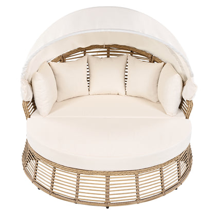 <Old SKU: N704G201243A> Outdoor Patio Rattan Round Daybed with Retractable Canopy, Wicker Furniture Round Poolside Sofa Sunbed with Removable Cushions, Backyard, Porch, Beige image 12