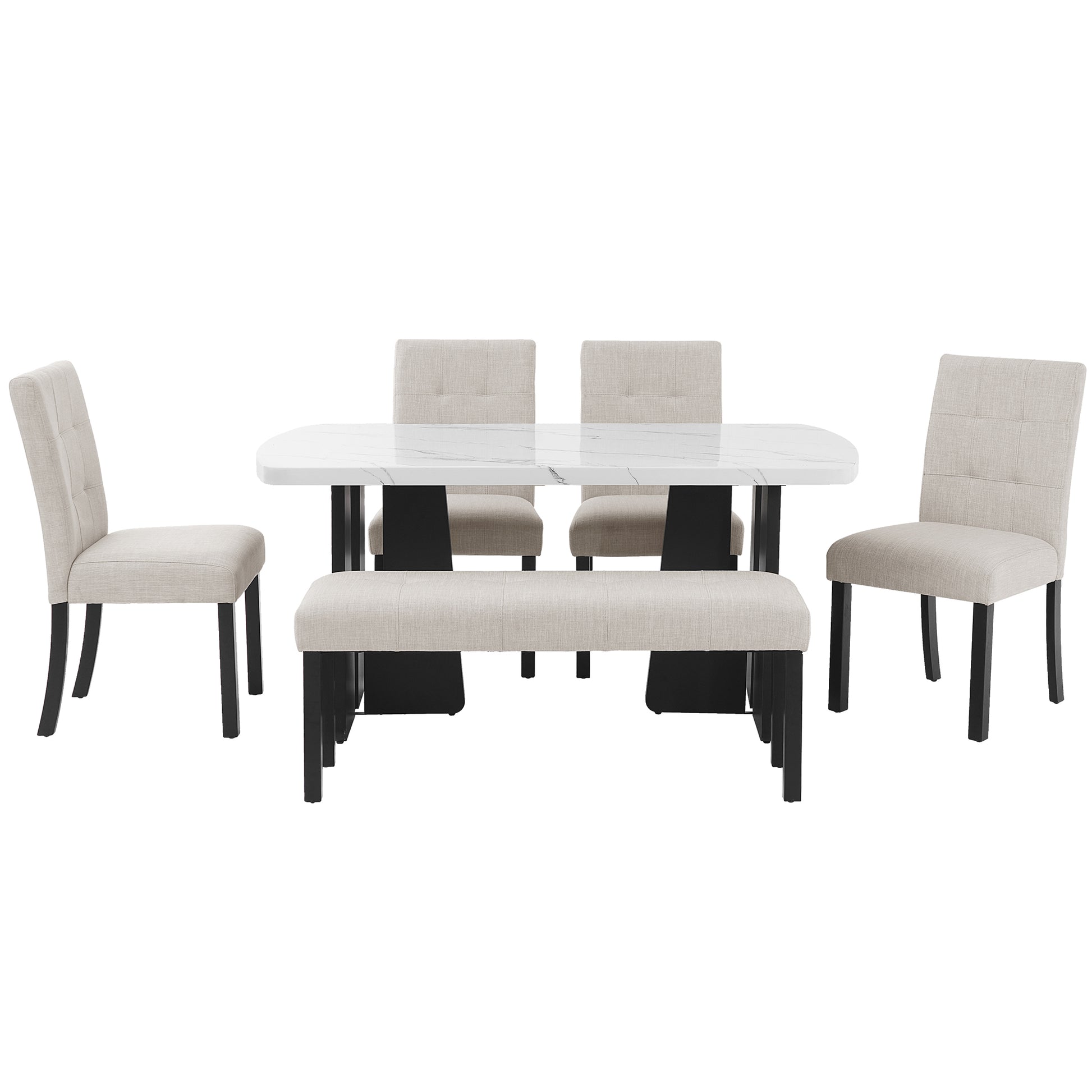 6 Piece Modern Dining Table Set, 63" Faux Marble Dining Table with Geometric Legs & 4 Upholstered Chairs & 1 Bench, Suitable for Dining Kitchen Room,Easy to Assemble, Beige + White image 12