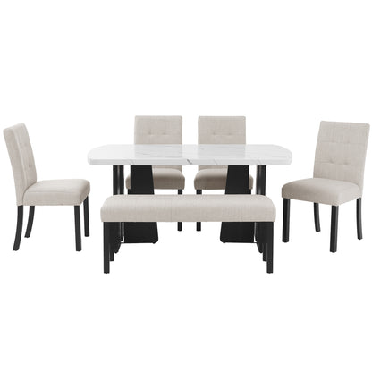 6 Piece Modern Dining Table Set, 63" Faux Marble Dining Table with Geometric Legs & 4 Upholstered Chairs & 1 Bench, Suitable for Dining Kitchen Room,Easy to Assemble, Beige + White image 12