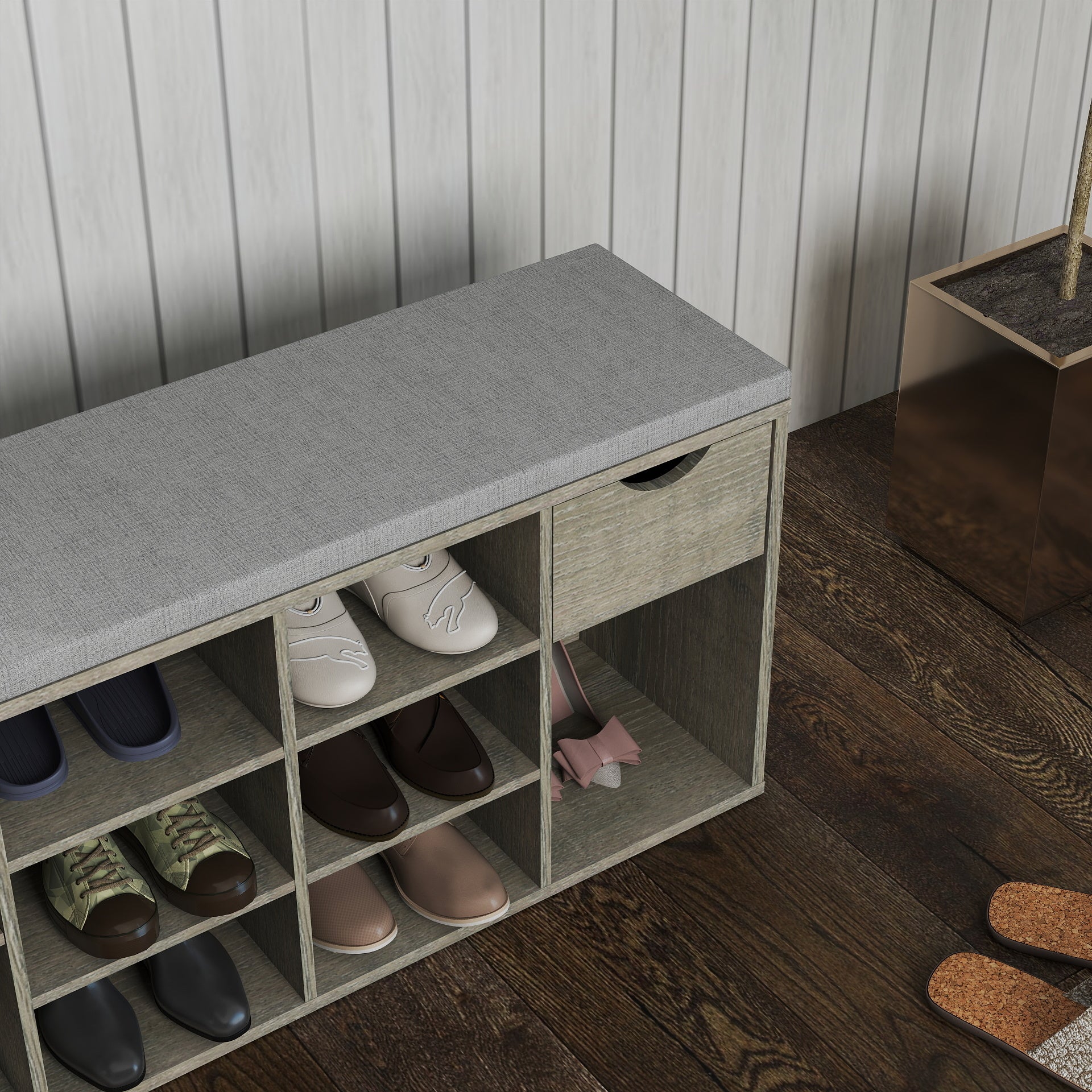 Storage Bench, Shoe Bench, Entryway Bench with Padded Cushion, Drawer and Open Compartments, Bench with Storage, 3 Tier Shoe Rack Bench image 3
