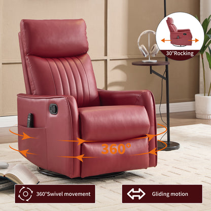 Red Faux Leather Heat Massage Manual Recliner Chair with Rocker and Swivel for Living Room image 4