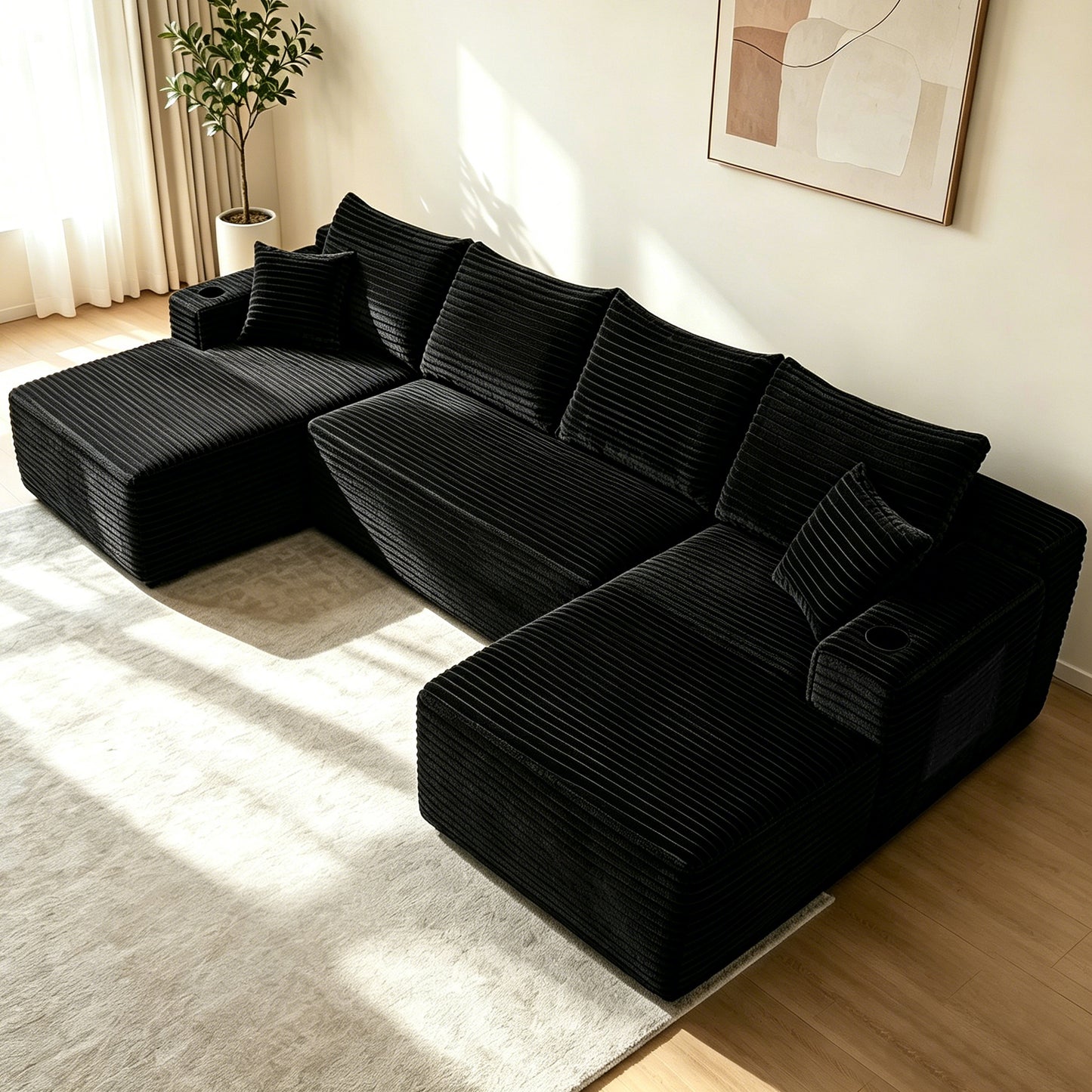 134" Cloud Sectional Sofa with U-Shape Chaise and Side Pockets and Cup holder, Modern Modular Design, Deep Seating, Upholstered Couch for Living Room/Bedroom, No Assembly Required (Plush)Black image 3