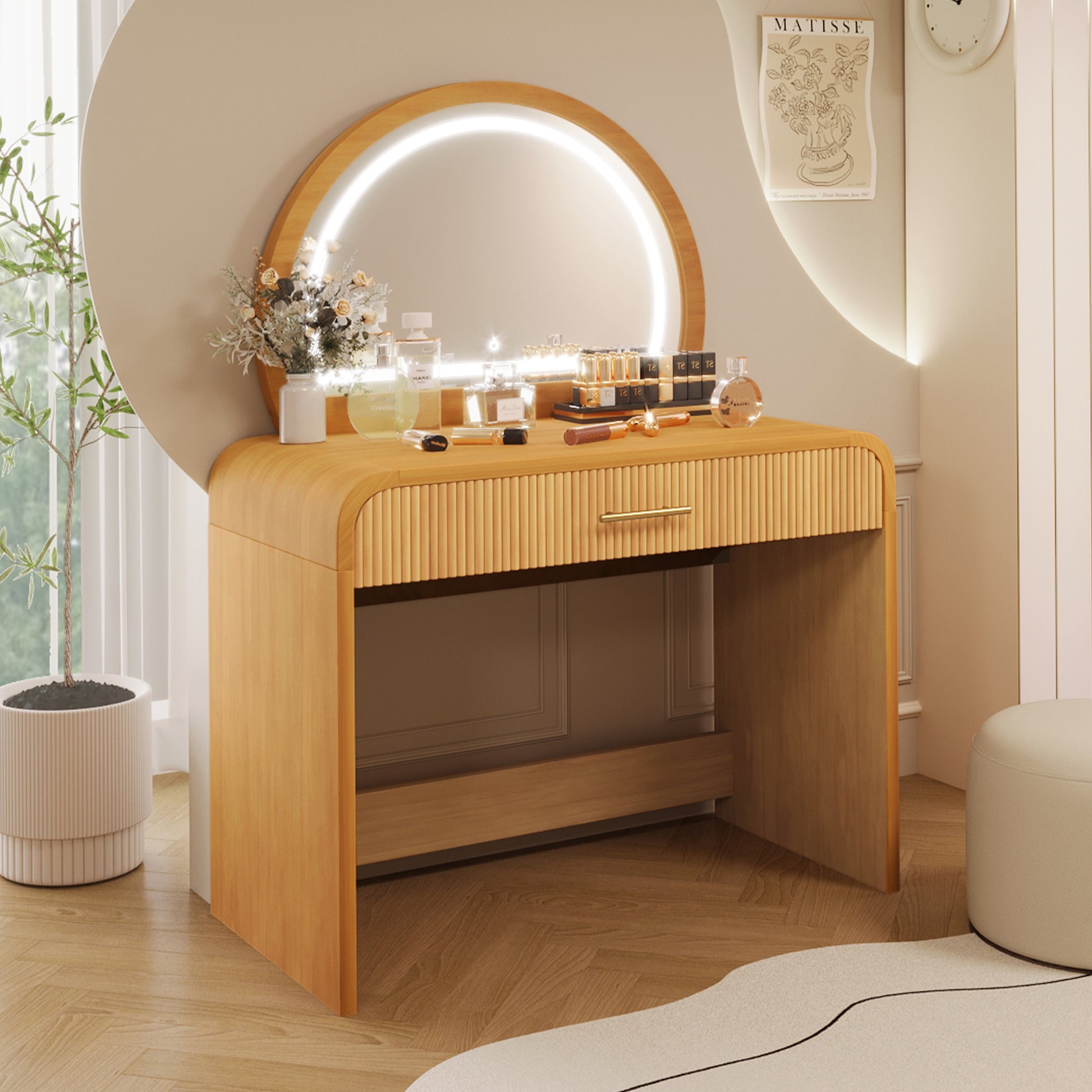 39" Makeup Vanity Table with Mirror Touch Screen Lighted Mirror, Dressing Table with Drawer for Bedroom, Natural image 3