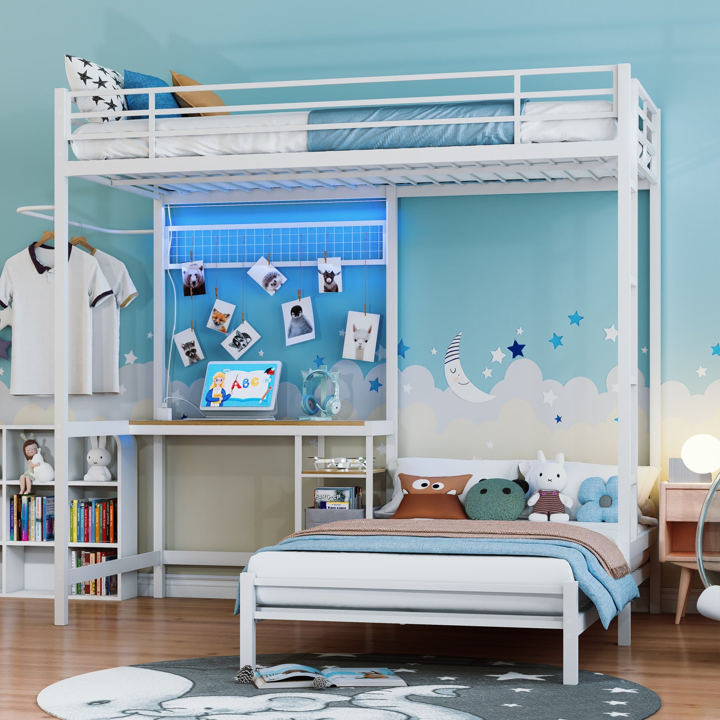Bunk Bed with Ladder and high Guardrail, Able to Split, Metal Bunk Bed, Storage Space, Noise Free,Twin Over Twin Size,White image 2