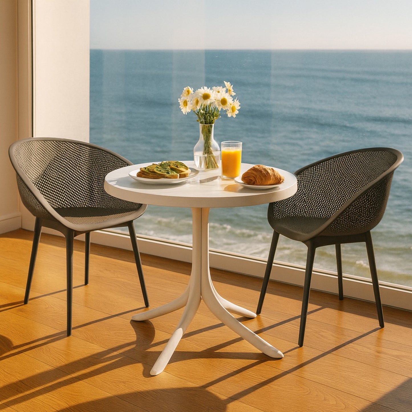 Summer - 2-Pack Warm Grey Modern Lounge Chairs – Indoor/Outdoor All-Weather PP Plastic with 36 Inch Indoor/Outdoor Modern White Round PP Table image 3