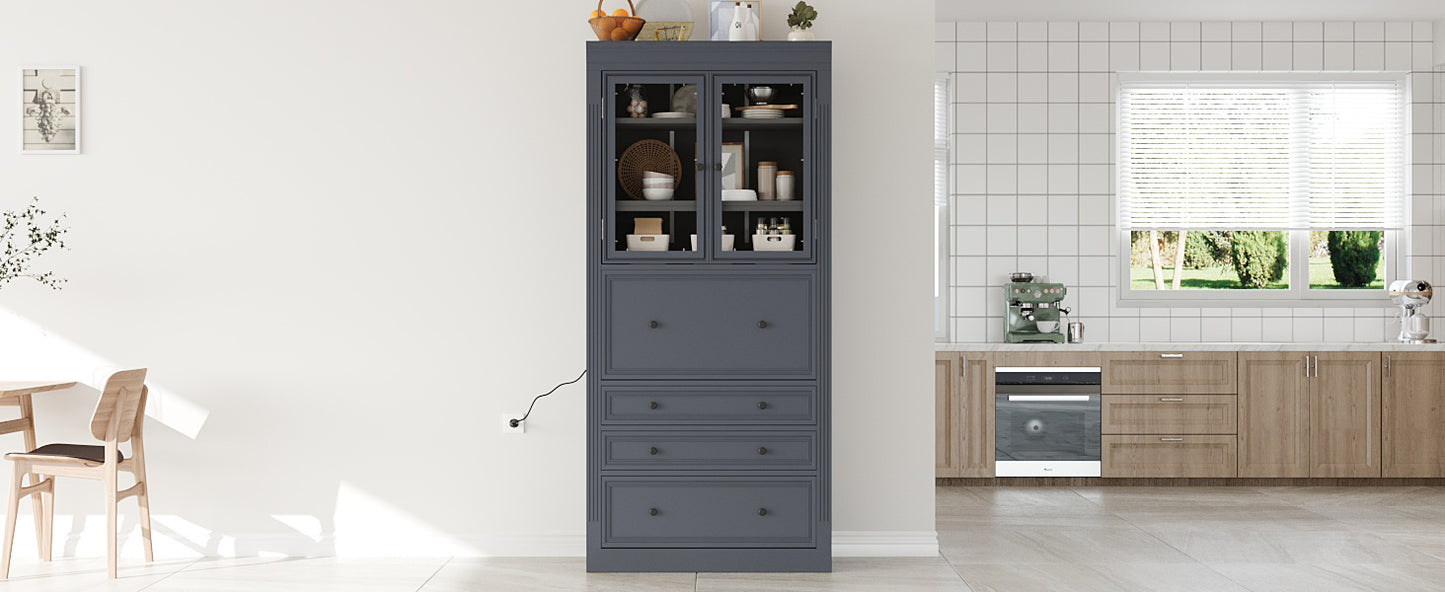 [Assembly Video Provided] TOPMAX 36x16.5x78inch Freestanding Kitchen Pantry Storage Cabinet,Multifunctional Cupboard with 3 Drawers,Adjustable Shelves and Power Outlet for Dining and Living Room,Grey image 3