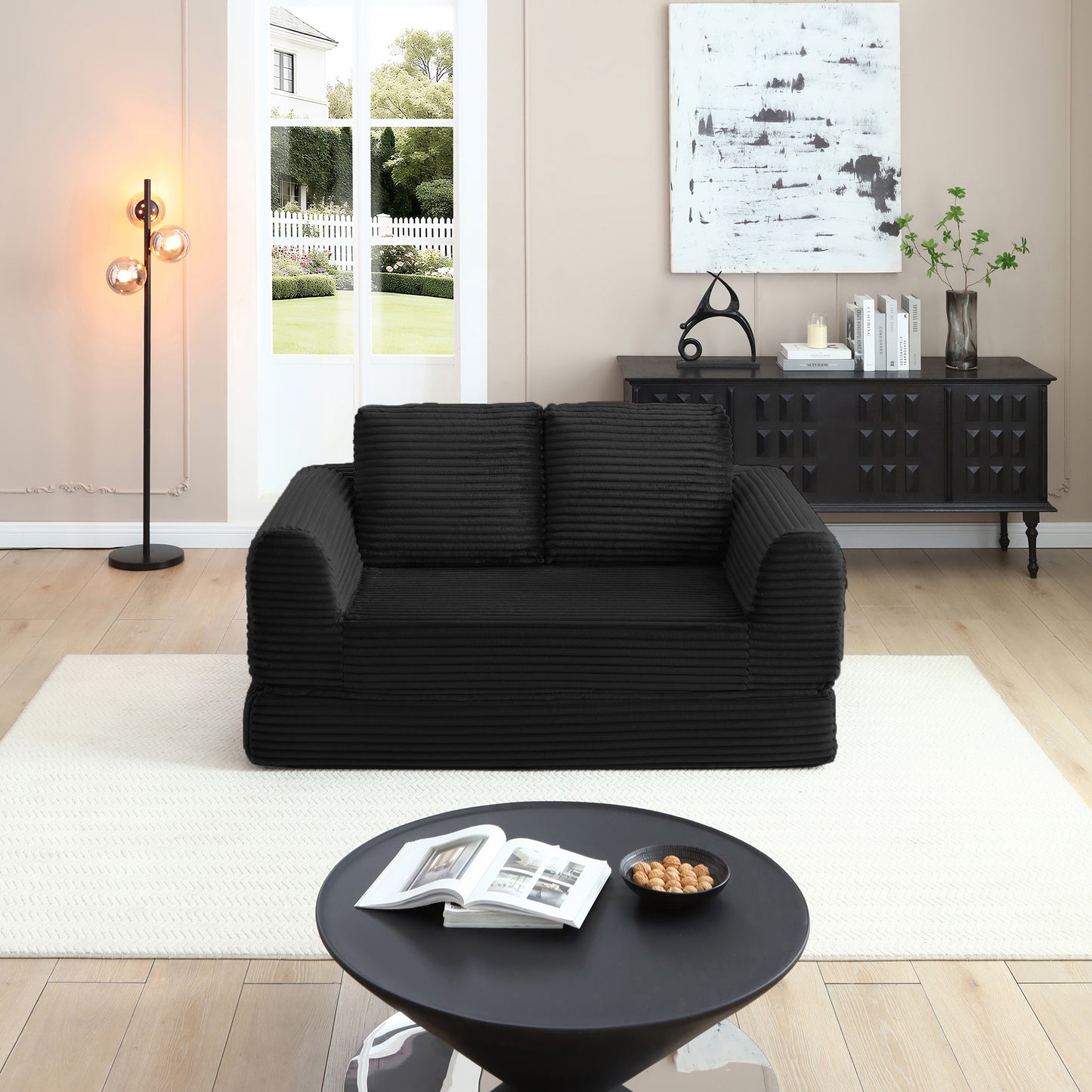 2-in-1 Folding Convertible Sofa Bed, Modern Corduroy Sleeper Couch with 2*pillows, Futon Modular Upholstered Boneless Loveseat with Pull-Out Bed,Folding Floor Modular Couch for Living Room Black image 1