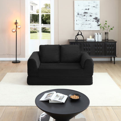 2-in-1 Folding Convertible Sofa Bed, Modern Corduroy Sleeper Couch with 2*pillows, Futon Modular Upholstered Boneless Loveseat with Pull-Out Bed,Folding Floor Modular Couch for Living Room Black image 1