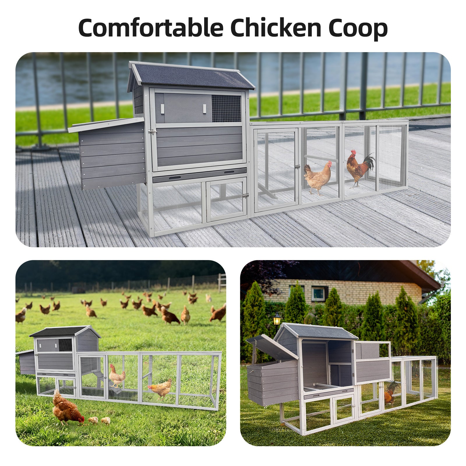 large main house, Gray Wooden Chicken Coop, Large Outdoor Hen House with Run and Nesting Box Poultry Cage, Rabbit Hutch, Waterproof Anti-UV Panel for Backyard image 7