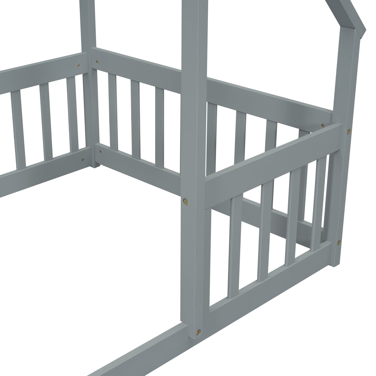 Twin Wood House-Shaped Floor Bed with Fence, Guardrails,Grey image 4