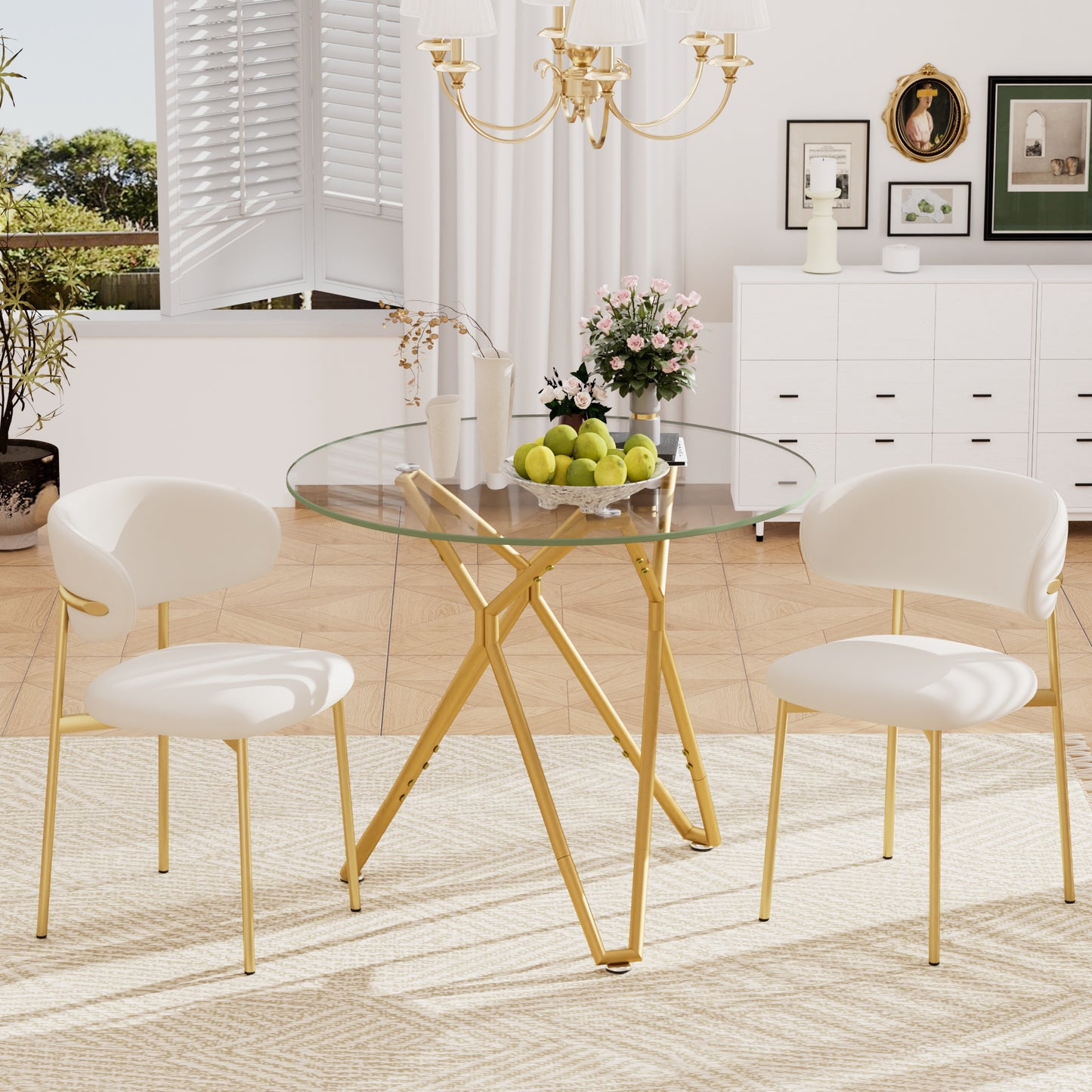 35.4-inch round tempered glass dining table, suitable for 1-4 people, space-saving small kitchen dining table, equipped with sturdy metal table legs, suitable for dining room, living room,Gold image 5