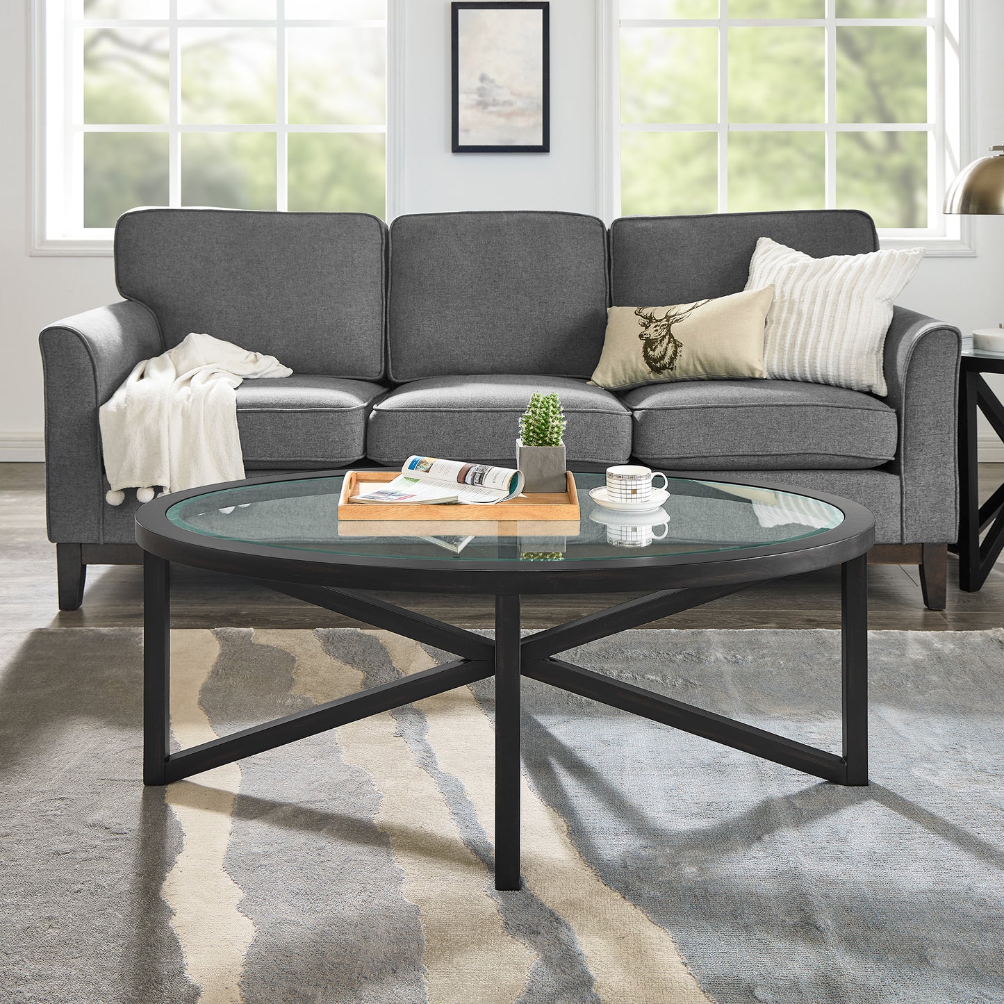 Modern simple glass coffee table, tempered glass coffee table solid wood base round transparent glass top modern living room terrace study coffee table image 1
