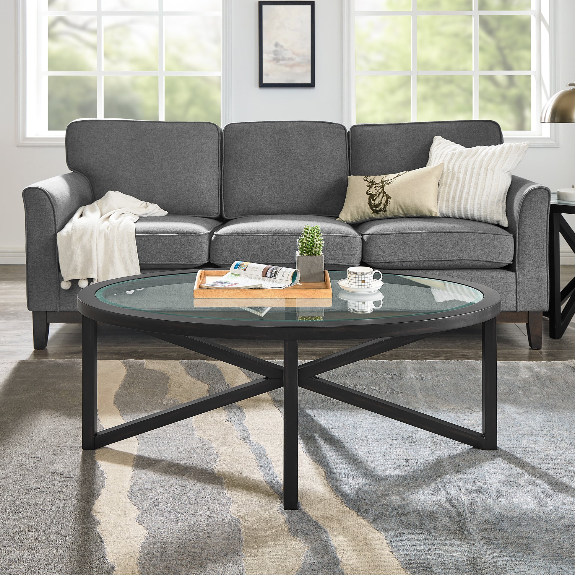 Modern simple glass coffee table, tempered glass coffee table solid wood base round transparent glass top modern living room terrace study coffee table image 1