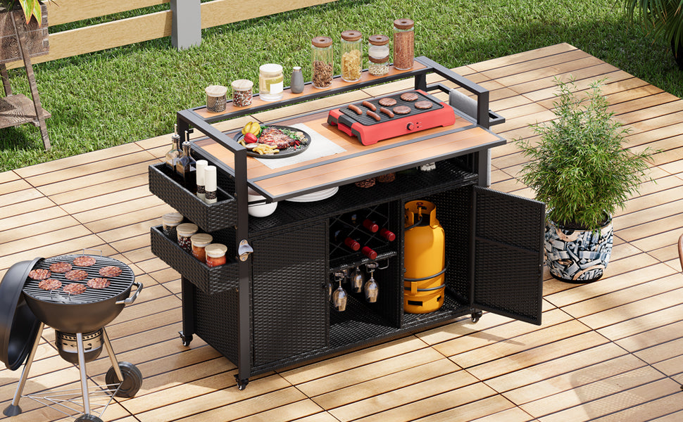 K&K 52.8"W Wicker Outdoor Grill Cart with Extended Plastic Wood Table Top, Rolling Kitchen Island on Wheels with Storage Cabinet, for Patio Backyard Garden Poolside, Double Handle Design, Black Brown image 11
