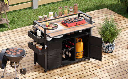 K&K 52.8"W Wicker Outdoor Grill Cart with Extended Plastic Wood Table Top, Rolling Kitchen Island on Wheels with Storage Cabinet, for Patio Backyard Garden Poolside, Double Handle Design, Black Brown image 11