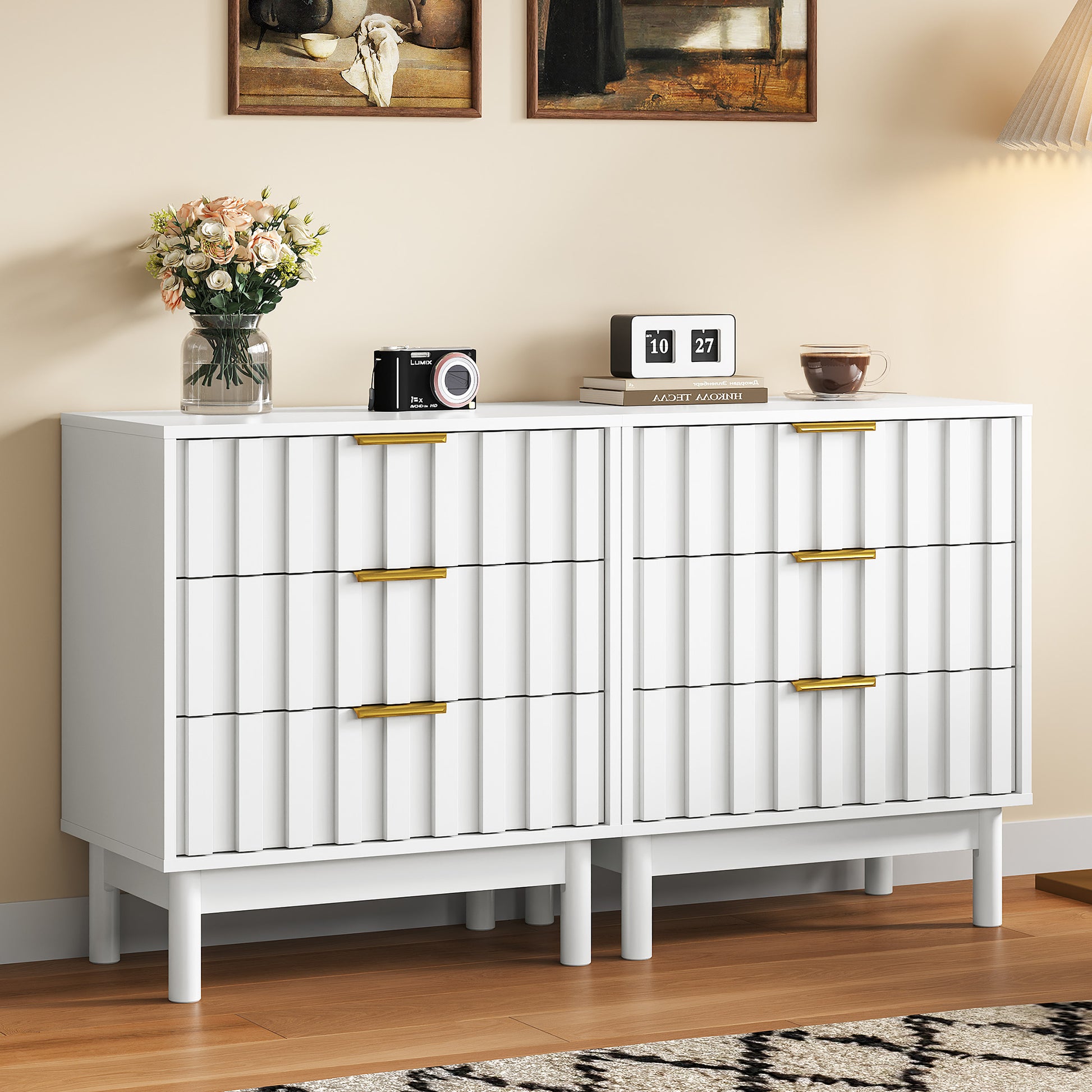 3 Drawer Dresser with Fluted Panel Design, Modern Wood Chest of Drawers with Chic Edge Pull, Large Nightstand Side Table, Wood Storage Organizer for Bedroom, Living Room, Entryway, White image 9