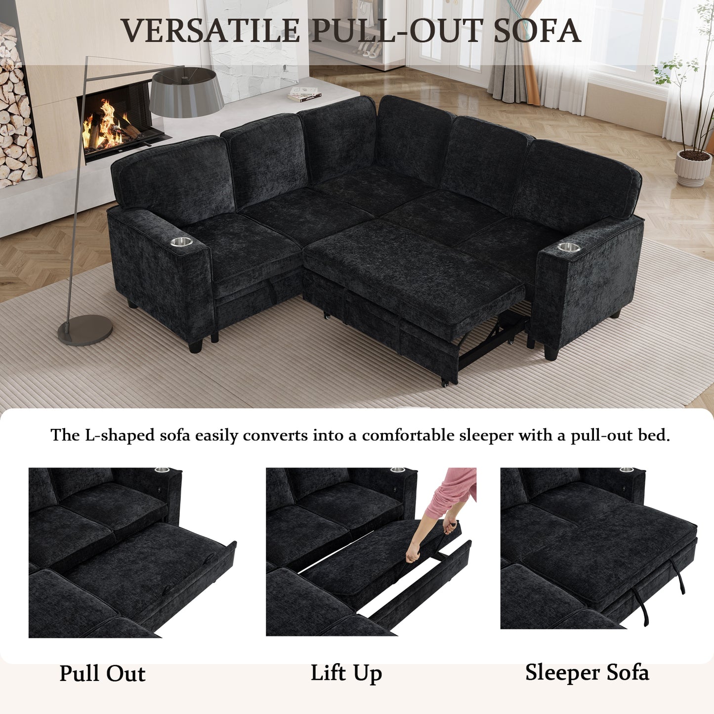 L-Shaped Sofa with Pull Out Sofa Bed, Sleeper Sofa Couch Bed with Storage Seat, 5 Seat Sectional Sofa Bed with USB, Sectional Sofa Couch for Living Room, Apartment, Charcoal Grey image 4