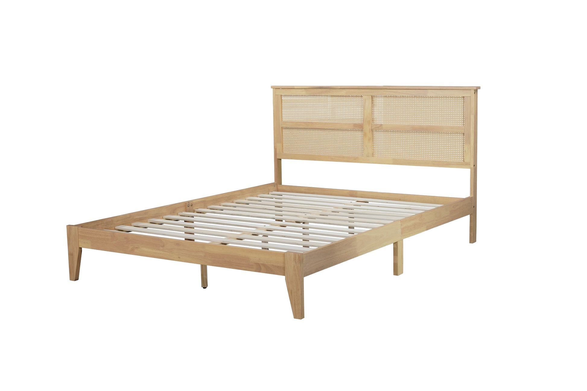Queen Size Rubber Wooden, Solid Wooden Bed with Rattan Headboard, Enhanced by Support Feet,Natural image 2