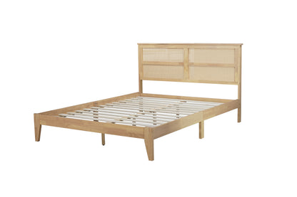 Queen Size Rubber Wooden, Solid Wooden Bed with Rattan Headboard, Enhanced by Support Feet,Natural image 2