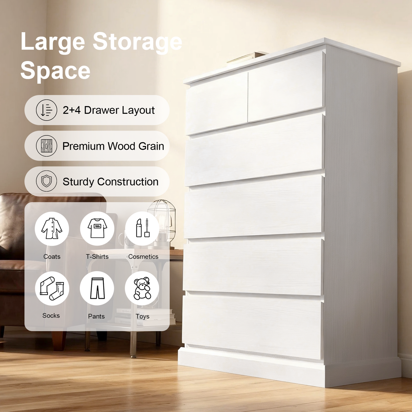 6 Drawers Dresser for Bedroom, Tall Dresser for Bedroom, Modern Chest of Drawers with Concealed Handles, Vertical Wood Storage Cabinet for Bedroom, Living Room, Entryway, White image 6