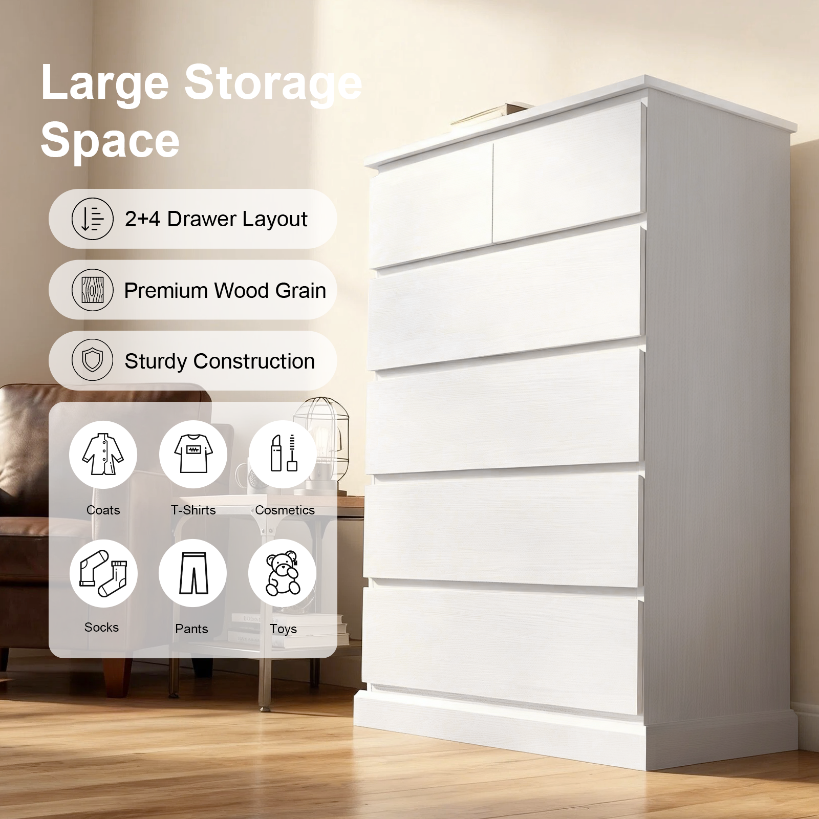 6 Drawers Dresser for Bedroom, Tall Dresser for Bedroom, Modern Chest of Drawers with Concealed Handles, Vertical Wood Storage Cabinet for Bedroom, Living Room, Entryway, White image 6
